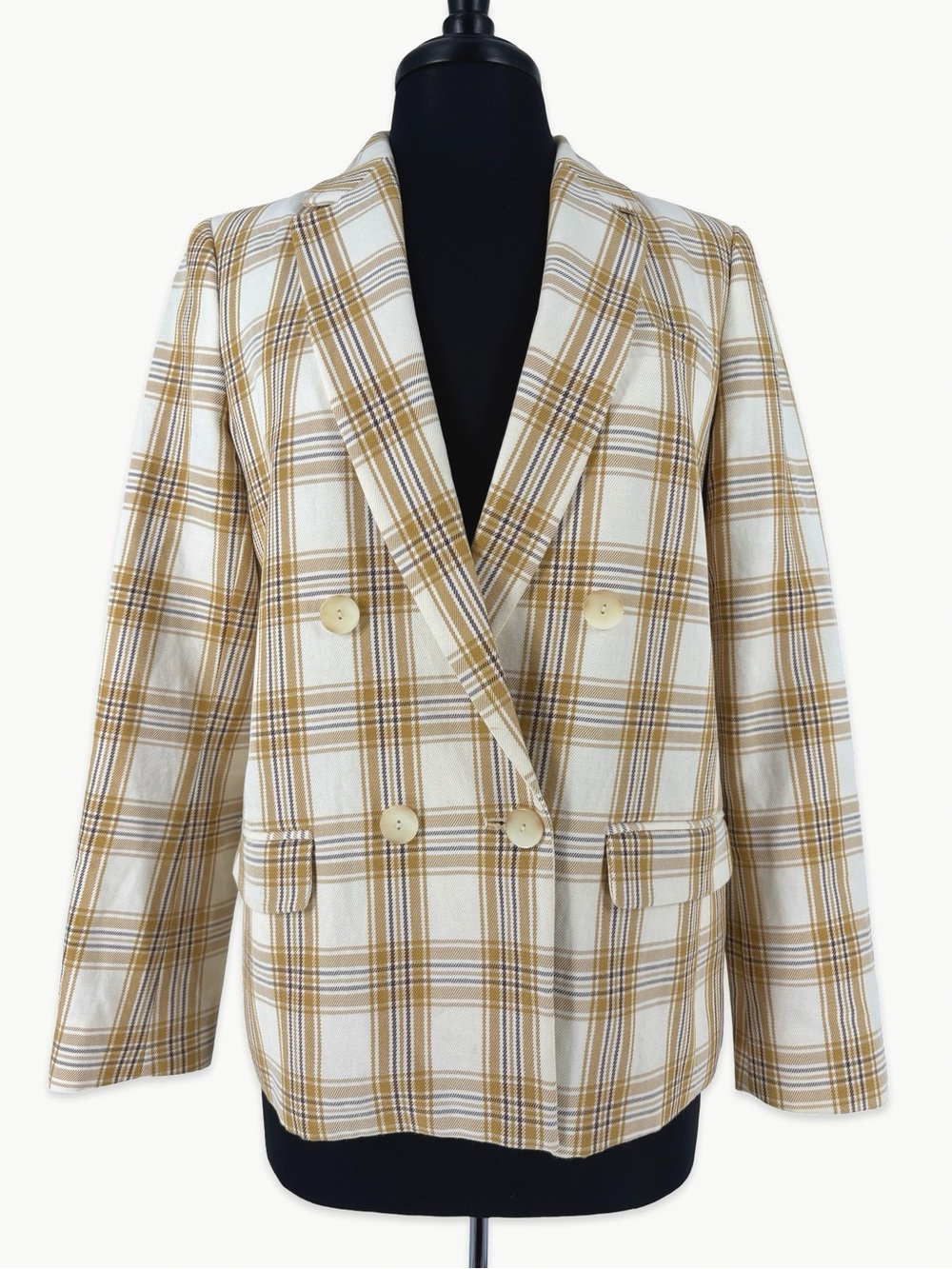 Sézane Christie Jacket Size 6 in Tile Beige Ocher Bordeaux Plaid Blazer
